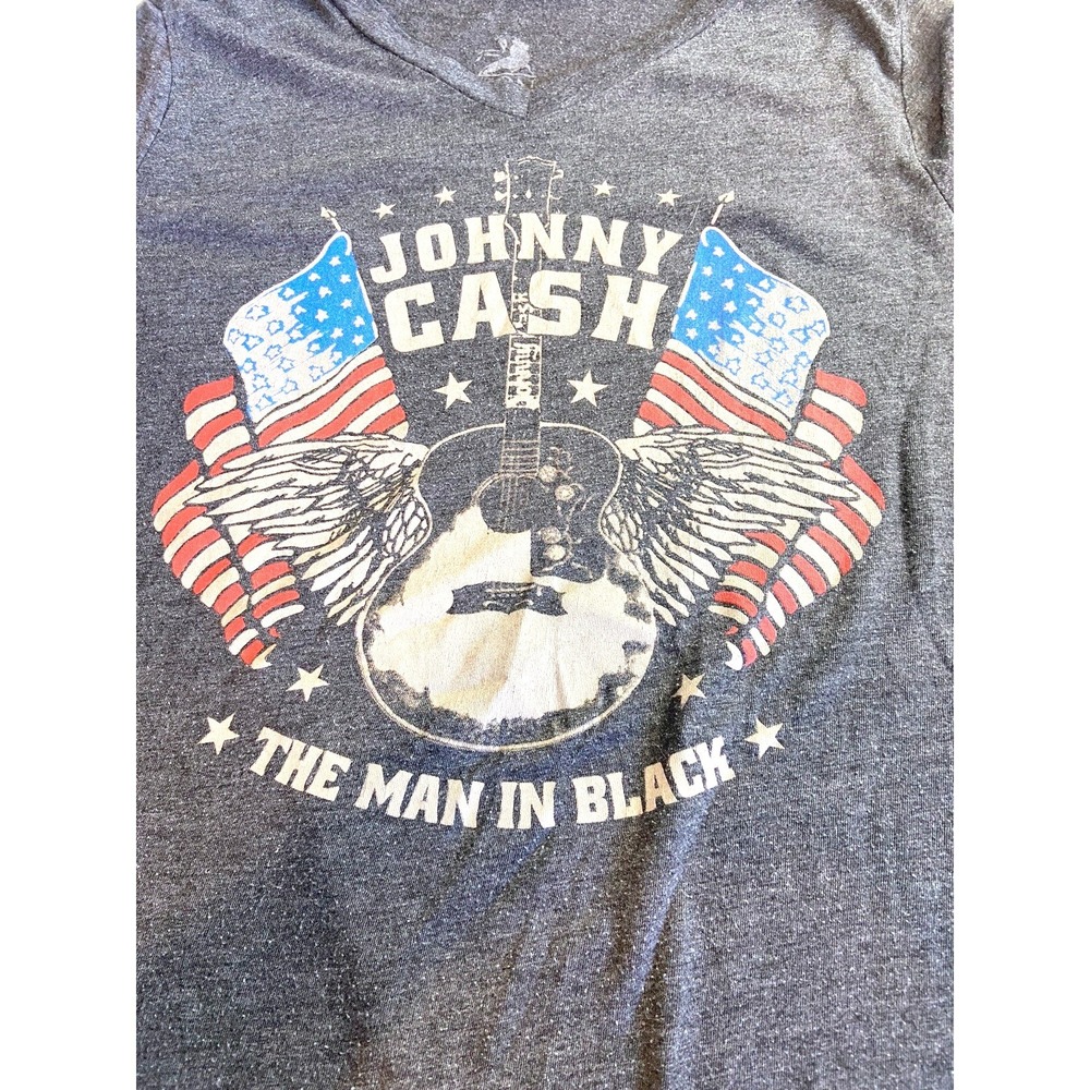 Johnny Cash "The Manβ in Black"Graphic V-Neck T-Shirt Charcoal Grey Tagless